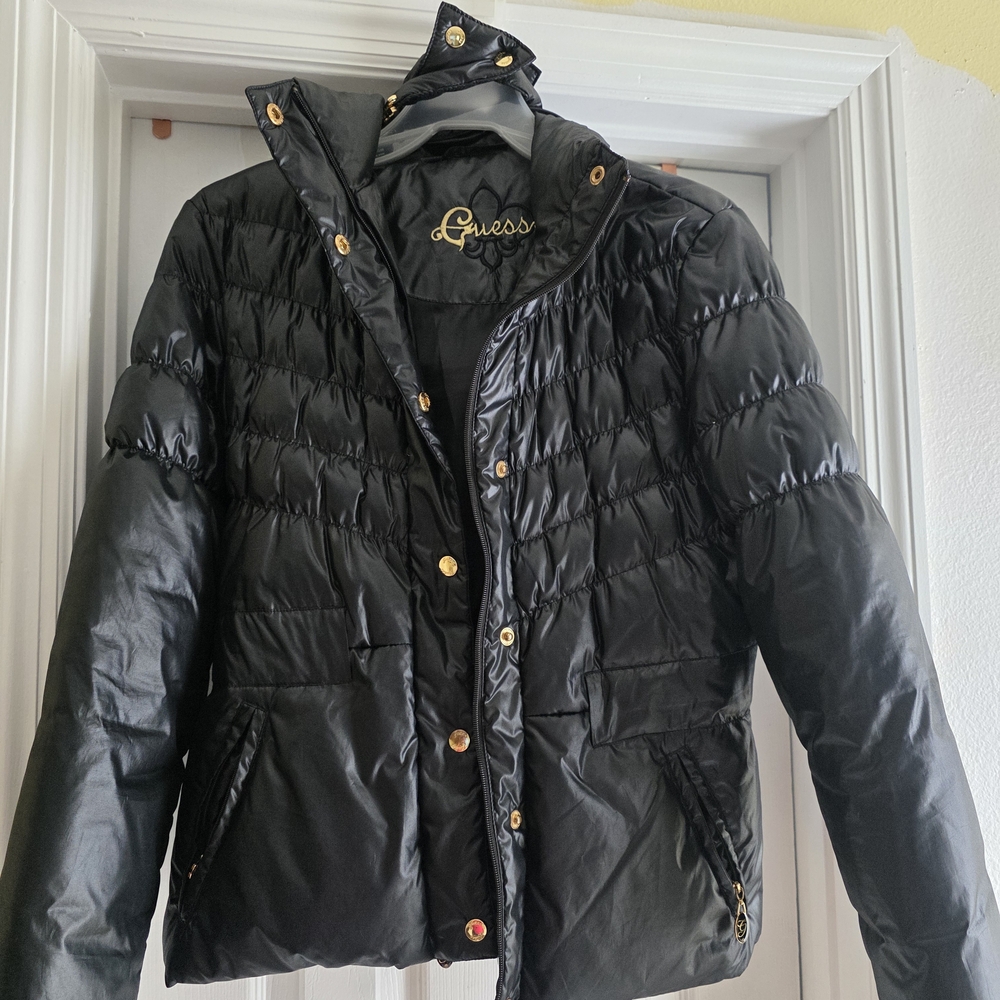 Guess Quilted Black Jacket with Gold Buttons